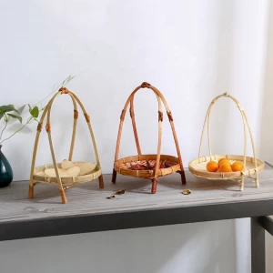 Bamboo Woven Kitchen Rattan Dry Vegetable Fruit Bread Hanging Wicker Storage Baskets Racks