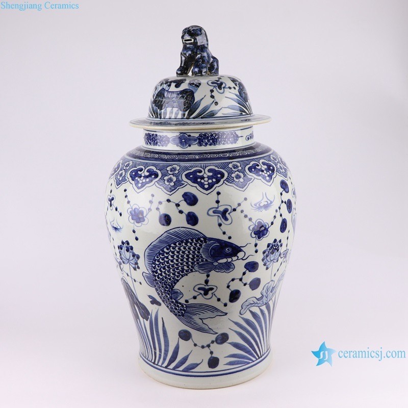 Blue and White Porcelain Fish Lines and Patterns Grass Design Ceramic Storage Pot Lidded Ginger Jars