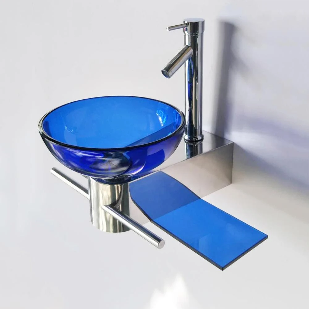 Blue glass wash basin designs glass vessel sink with stainless steel stand YX-C1906117