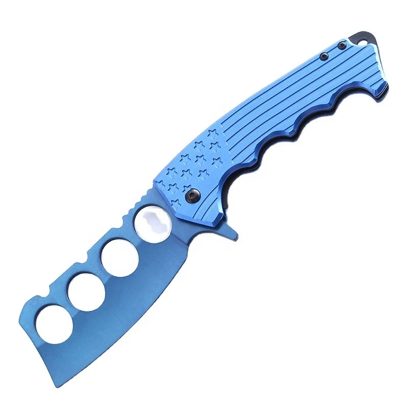 Blue Titanium multifunction stainless steel slide open blade material folding high carbon steel camping knife