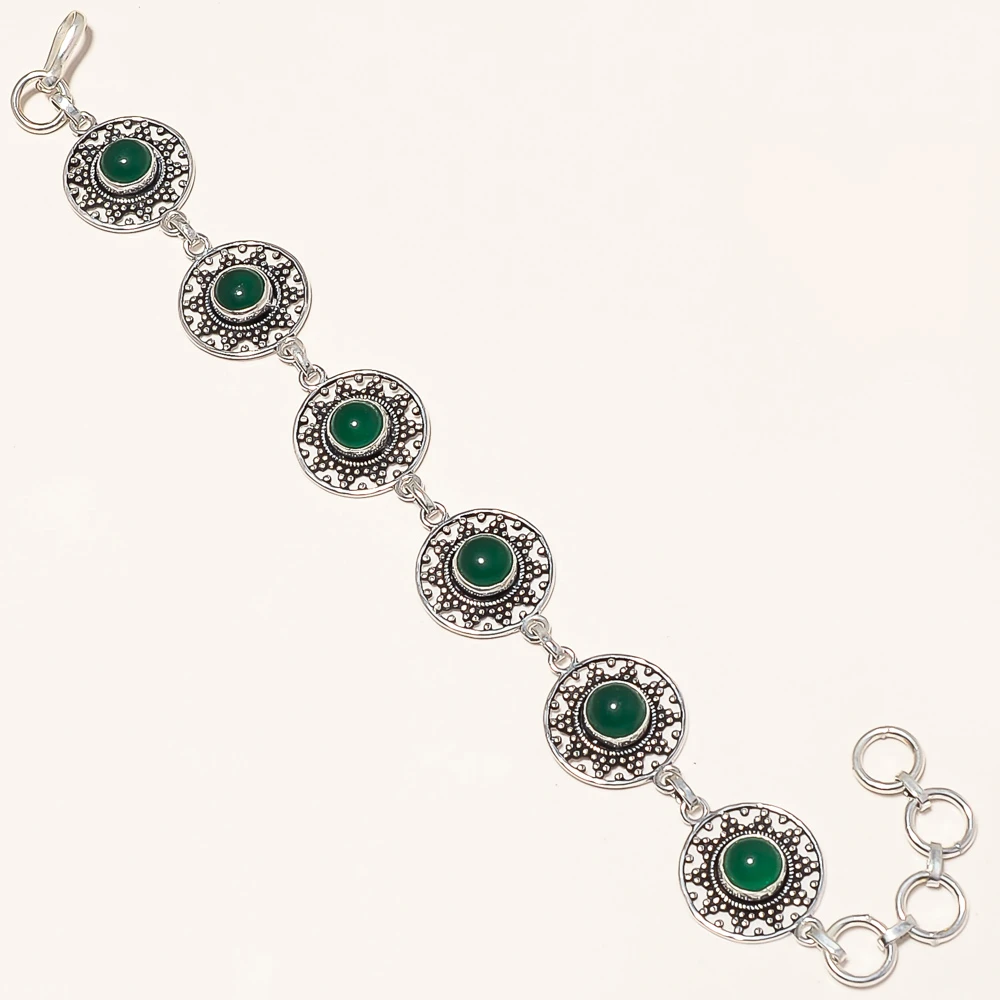 Chain Stone Bracelet Round Shape Green Onyx Gemstones Sparkling Crystals Handmade Charm Look Chain Style Bracelets