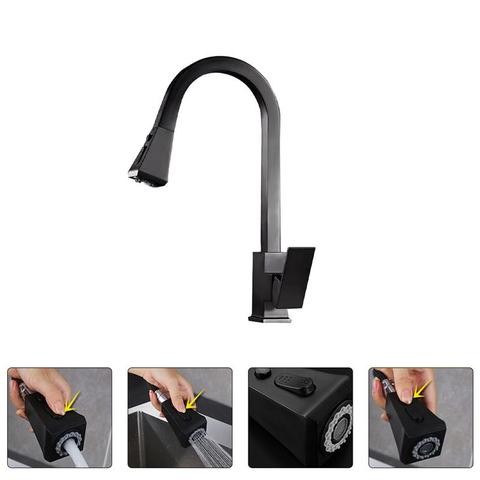 China faucet high quality black square cold and hot water sink tap 304 stainless steel kitchen faucets mixer with pull out spout