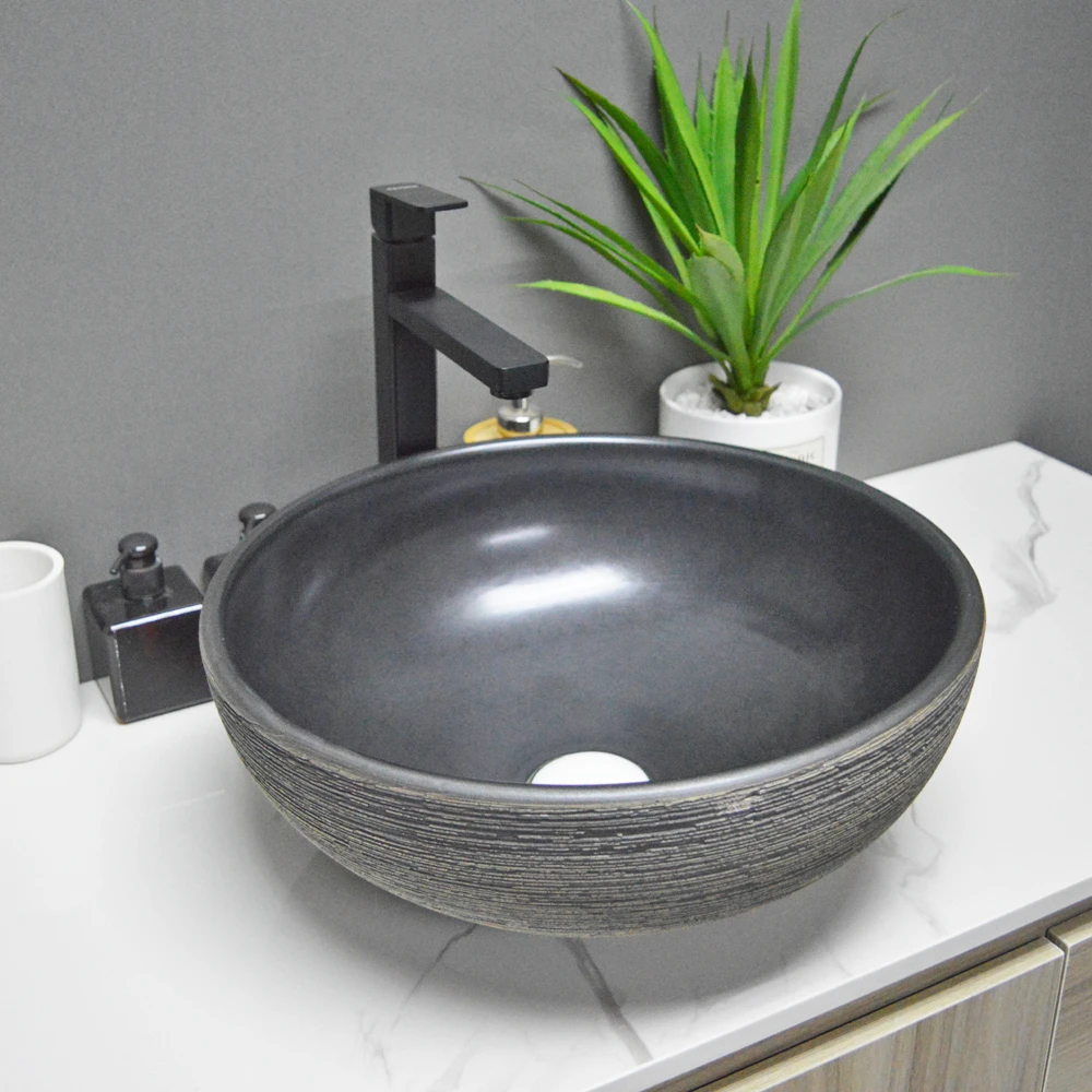 China wholesale wash basins ceramic round black sink vessel bathroom sink with certificate counter top basin