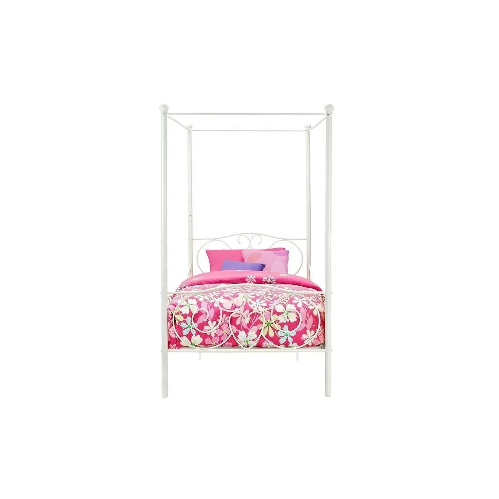 Classic Style White Twin Metal Bed Princess Iron Canopy Bed with Sturdy Metal Base for Girls