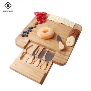 Custom kitchen bamboo cheese cutting board set with cutlery tray
