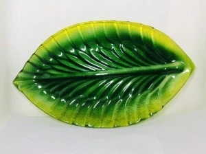 custom logo cheap small dinner decorative colored glass leaf plate