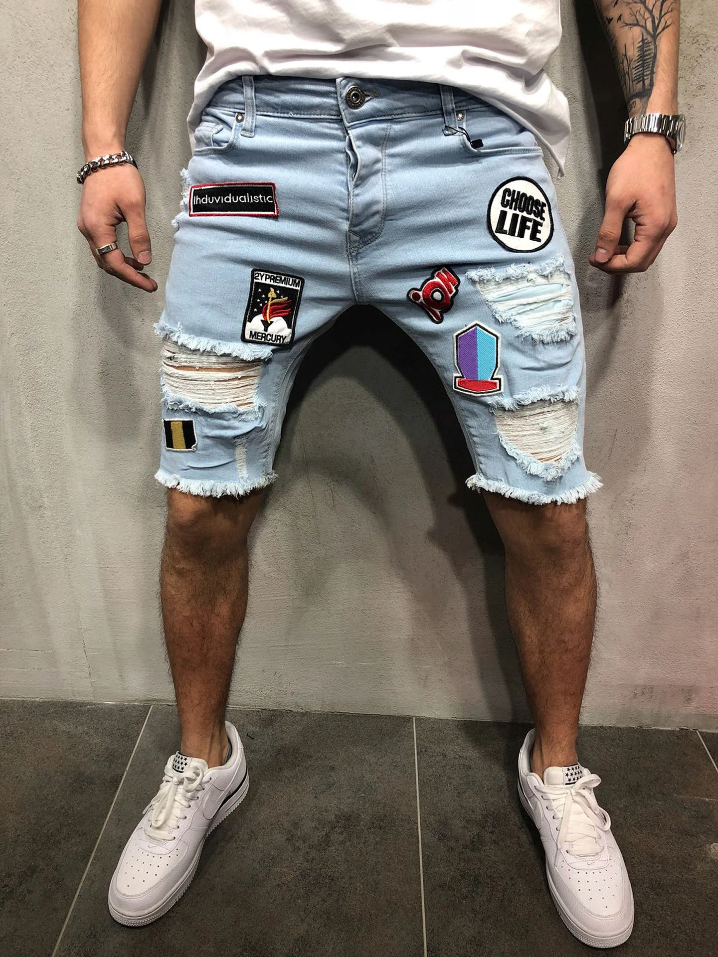 Custom Patches Denim Pants  Ripped Casual Mens Jean Shorts