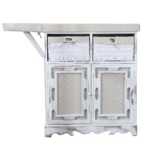 Custom White Solid Wood Folding Wood Ironing Boards Cabinet with Wicker Basket