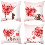 Cute Couples and Bicycles, Red Heart Trees Cushion Cover Valentine's Day Throw Pillows Red Heart Pillow Cover Case for Sofa Bed