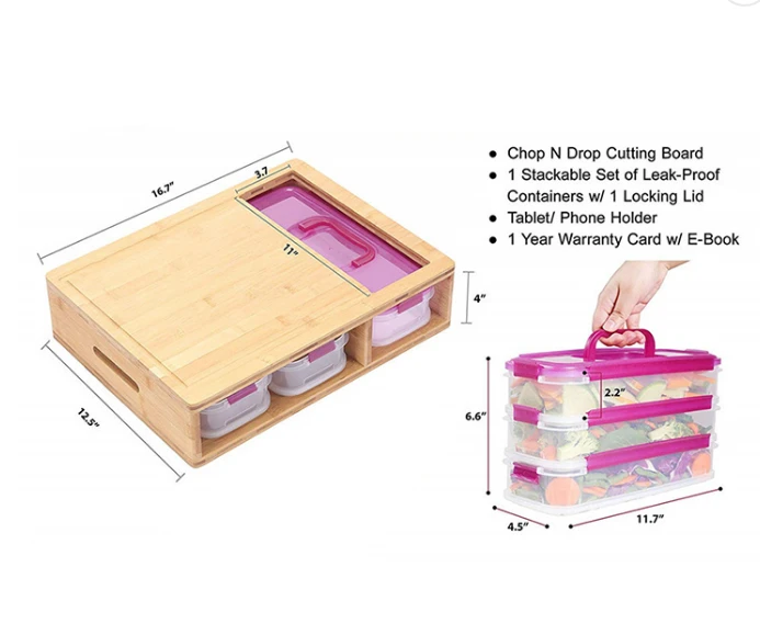 Cutting board bamboo with storage containers - bamboo cutting board with trays - charcuterie cutting boards wood