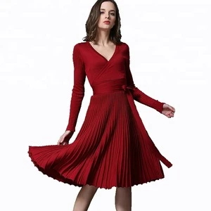 Elegant Deep V-neck Knit Sweater Dress Lady Dress