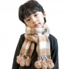 factory  New winter kid scarf solid color plaid rabbit fur Pompom long neck wraps warm scarf cashmere
