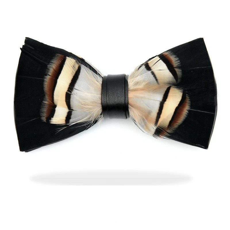 Fashion New Design Handmade Feather Pre-tied Bow tie bussiness Bowtie and Brooch Sets For Men