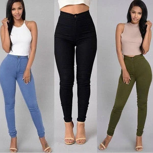 Female Elastic Waist Pencil Pants Tight Candy Colored Women Jeans