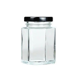 Food grade hexagonal honey glass jar jam / pudding jar with screw metal lid