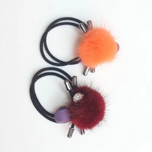 Hair accessory elastic hair band with mink fur ball pom pom hair ties