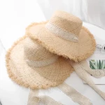 High Quality Handmade Weave Raffia Sun Hats for Women Black Ribbon Lace Up Large Brim Straw Hat Outdoor Beach Summer Caps