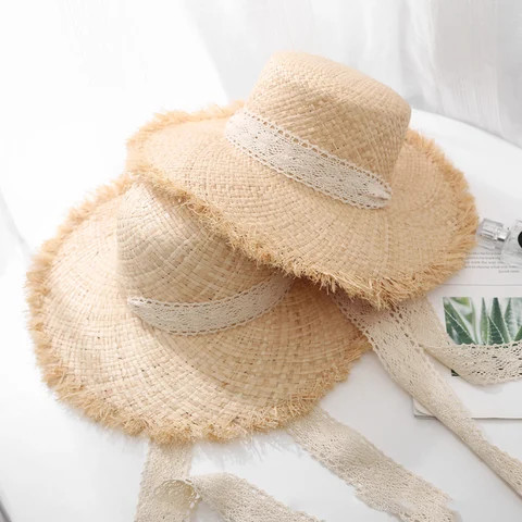 High Quality Handmade Weave Raffia Sun Hats for Women Black Ribbon Lace Up Large Brim Straw Hat Outdoor Beach Summer Caps