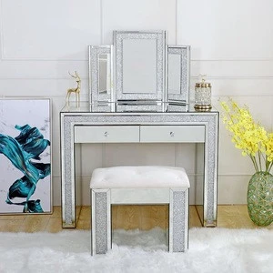 Hot Sell Crushed Diamonds Mirrored Dresser Dressing Table with three folded make up mirror and stool set