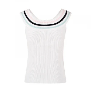 In stock women nylon material cross stripes V neck sleeveless computer knitted pullover breathable summer tops
