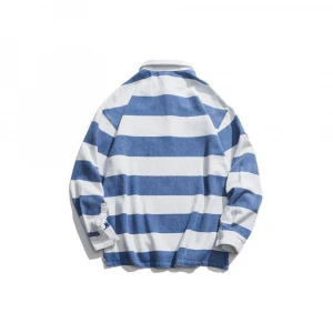 Japan Street Vintage Style Long Sleeve Cotton T shirt Blue Stripe Polo Shirt For Men