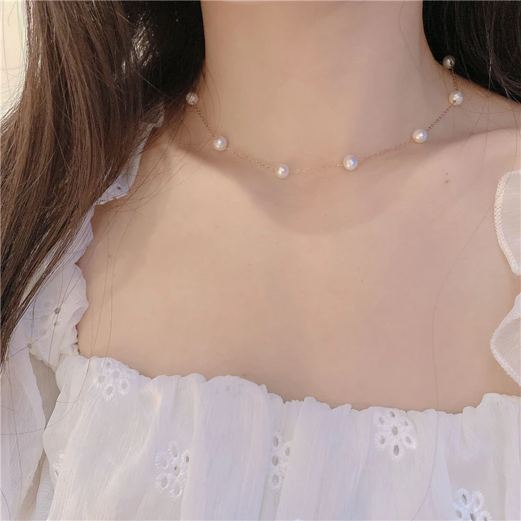 Korean jewelry fashion freshwater pearl necklace gold Chain bead necklace minimalist jewelry classic choker necklace