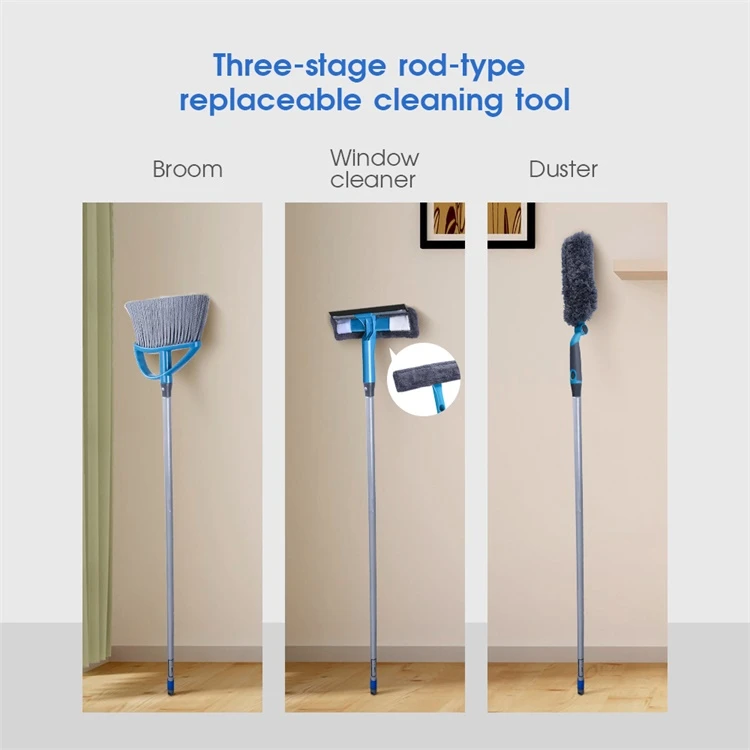 Masthome 3 in 1 Plastic Long handle broom Rubber Window Squeegee Cleaner  microfiber duster Household Cleaning Tool