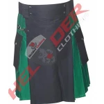 men green hybrid utility kilt with black apron and belt