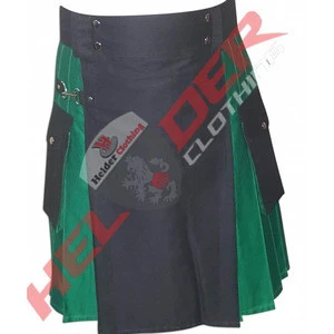 men green hybrid utility kilt with black apron and belt