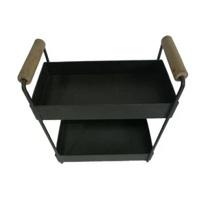 Modern 2 tiers black metal storage rectangle metal tray with wooden handle metal flowerpot