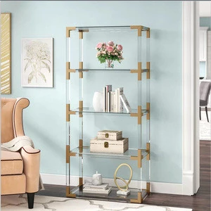 Modern & Contemporary Clear Lucite Acrylic and Gold 5-Shelf Open Bookcase