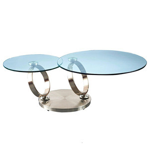 modern design expandable swivel 12mm tempered glass furniture mesa de cafe rotating round double round metal small coffee table