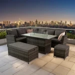Modern design outdoor PE rattan garden furniture square or rectangle fire pit dining set