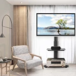 Modern Living Room Furniture Entertainment Center 55 Inch Display Swivel Black TV Mount Floor Stand with Shelf for Media Console