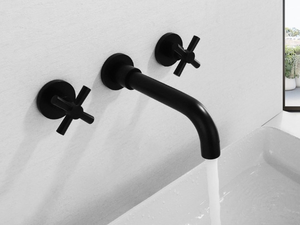 New bathroom 3 holes wall mounted black brass basin faucet