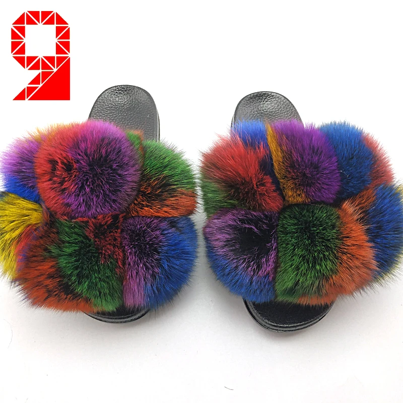 New design custom mixed color female fox fur slides sandals fur pom pom slides fur ball slides