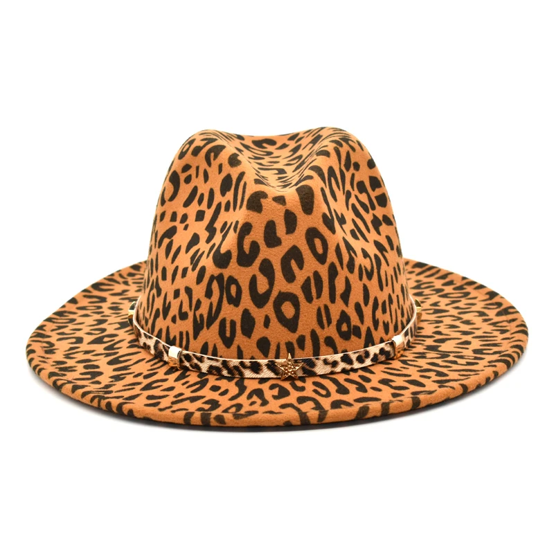 New Leopard Print Fedoras Hat Women Woolen Felt Wide Brim Jazz Hat Vintage British Jazz Hat Gentleman Elegant