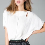 new simple fashion design 100%cotton batwing sleeve chest broken white T shirt for women