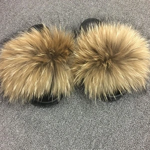Online custom fur slide women fluffy sliders raccoon fur slippers