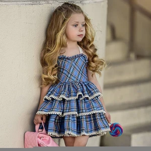 Online hot sale summer lace strap little infant princess dress kids frock plaid fluffy cake layered baby girls party dresses