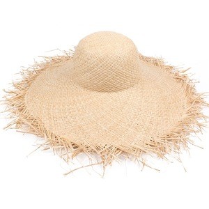 Outdoor Spring Summer Straw Material Natrual Color Beach Sunhat Frayed Edges Wide Brim Raffia Straw Hats