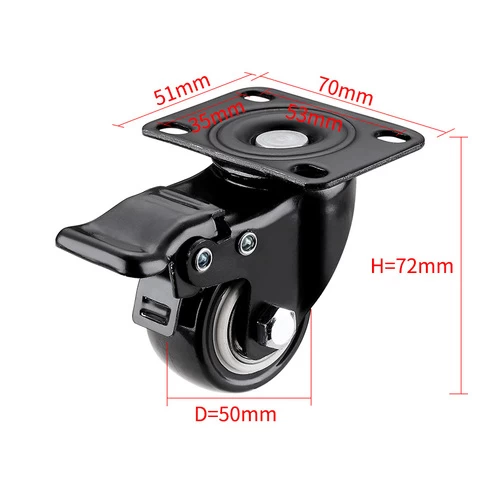 Plastic Plate Swivel Caster with Bearing Small Industrial Caster PVC Wheels with Brake Mini Light Duty Metal 2 Inch 70*51mm 30KG