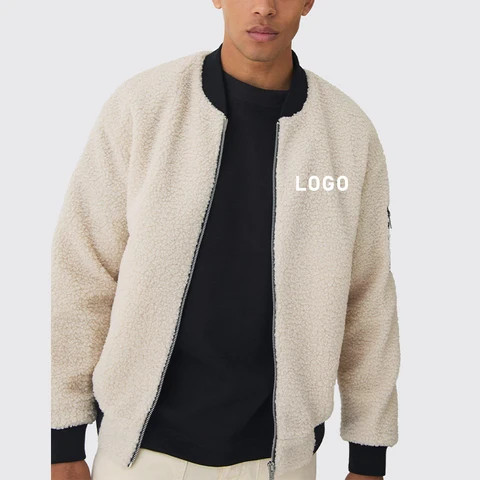 Popular recommend Custom Rubber Patch Sherpa Jacket 100% Polyester Colorblock Sleeve Zipper Pockets Mens Winter Fleece Jacket