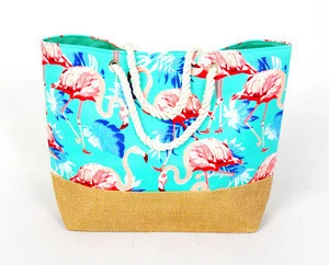 Popular style flamingo jute tote bag summer eva coating beach bag