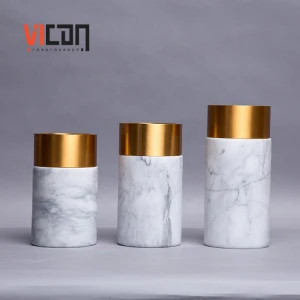 popular white marble stone vase home decoration pieces dried flower vase with metal ring