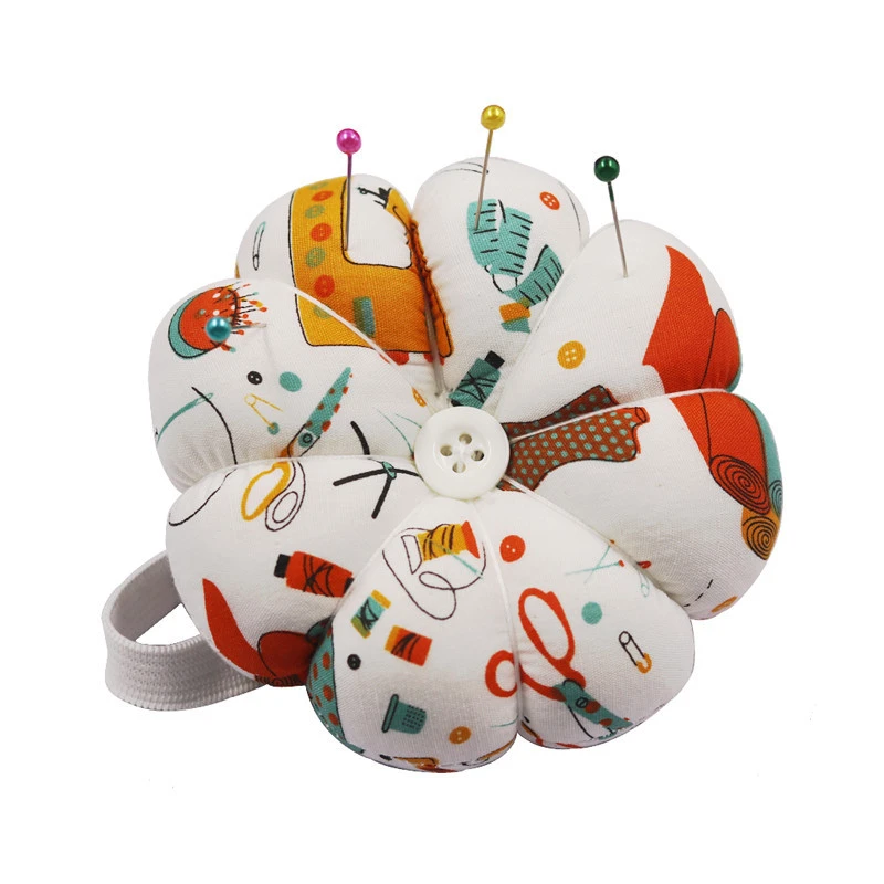 Pumpkin Shape Pin Cushion with Button Wrist Strap Portable Sewing Anti Falling Pin Cushions Holder Patchwork Sewing Supplies