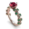 Red flower and green leaf diamond ring for women, rose gold plated zircon ring