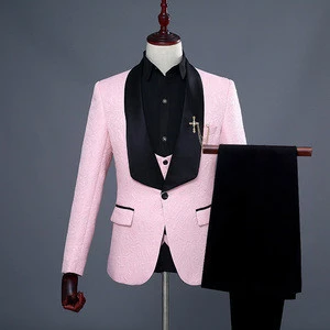 Red White Pink Suit Men Slim Fit Shawl Collar Men Suits For Wedding Fashion Jacquard 3 Piece Prom Suits