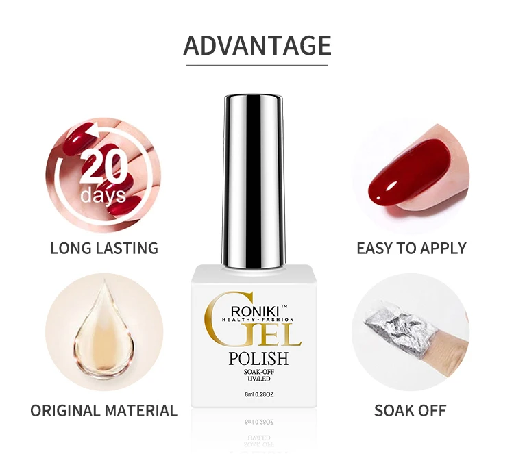 RONIKI Supplier Color nail polish uv gel professional Custom OEM Bottle private label logo Soak off non toxic gel nail polish