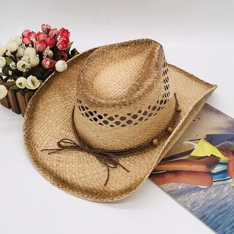 Summer Handmade Sunside Ribbon Jazz Wide Brim Western Cowboy Straw Hat